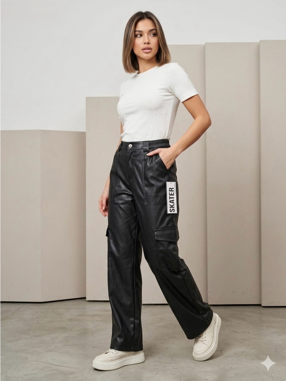Skater Women's Black Faux Leather Cargo Pants High Waisted Wide Leg Pockets L